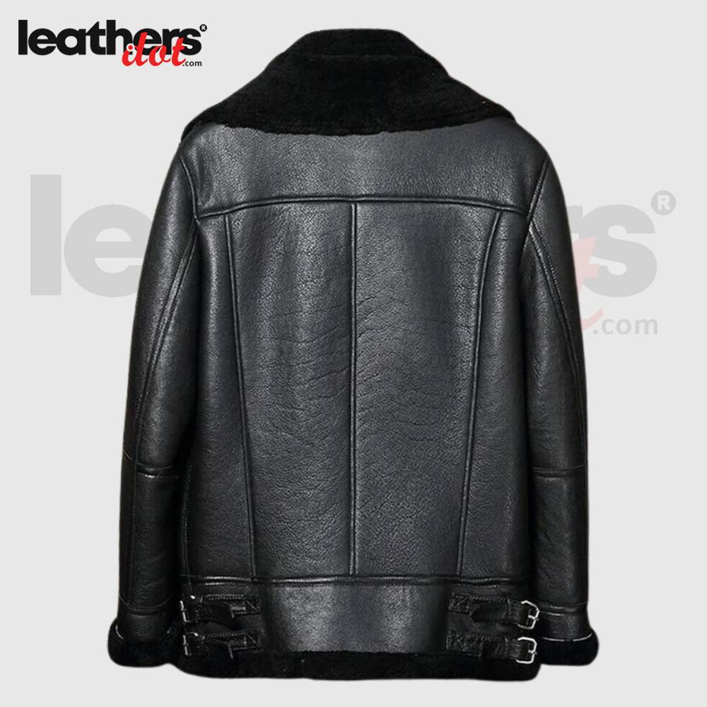 Men's Double Collar B3 Stylish Winter Black Leather Jacket