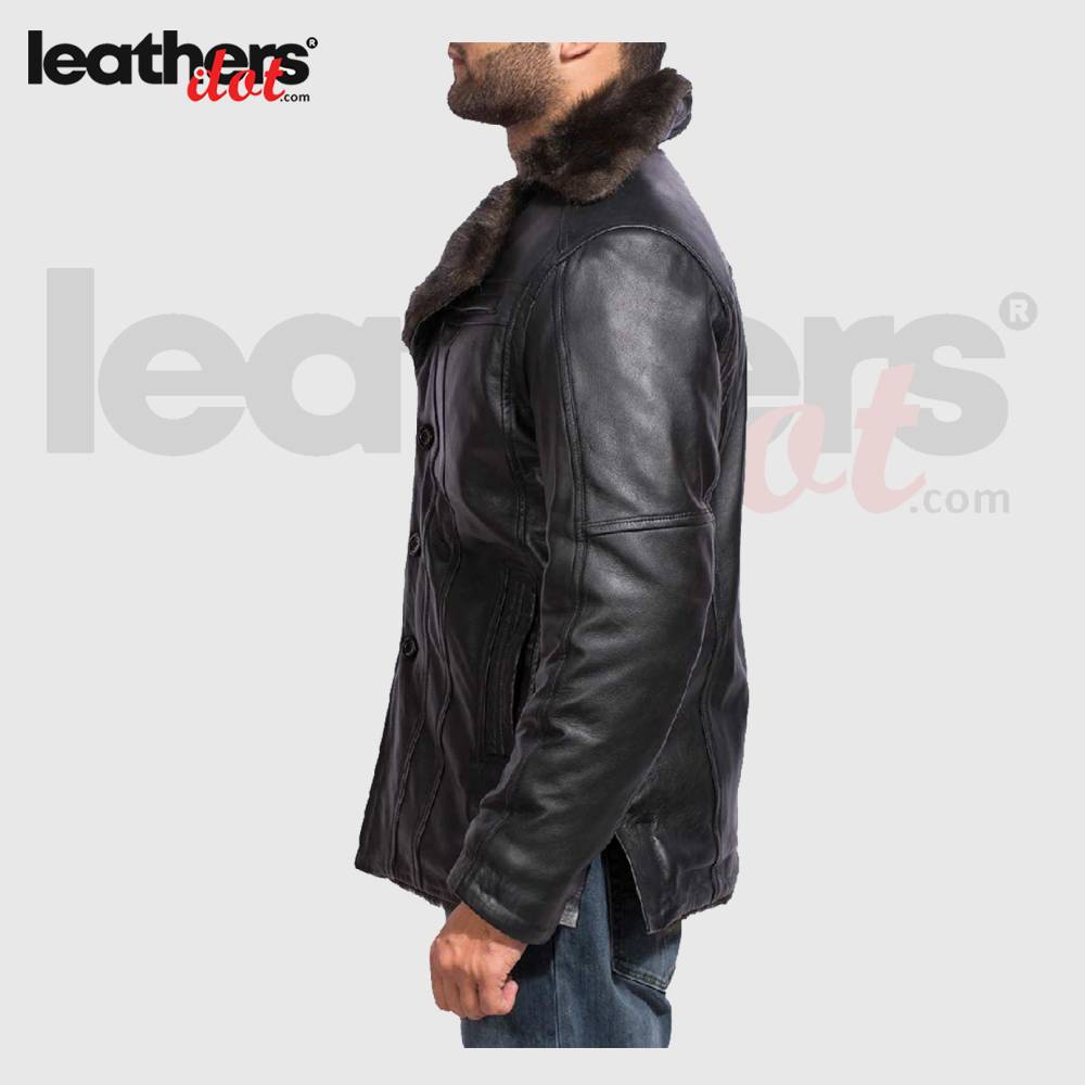 Men's Fur cliff Black Bomber Leather Jacket