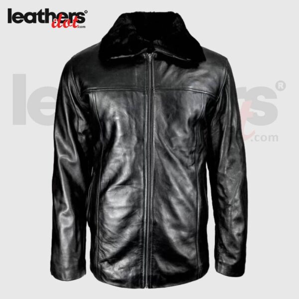Men's Real Black Detachable Shearling Collar Leather Jacket