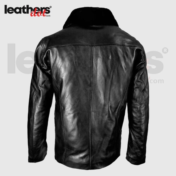 Men's Real Black Detachable Shearling Collar Leather Jacket
