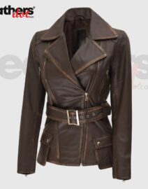Women's Distressed Style Four Pocket Brown Moto Leather Jacket