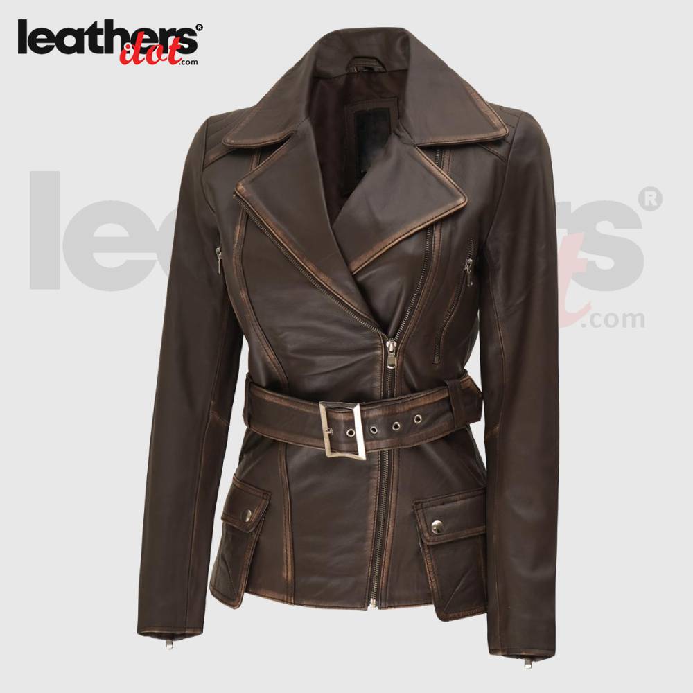 Women's Distressed Style Four Pocket Brown Moto Leather Jacket
