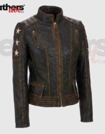 Women's Star Style Brown Distressed Genuine Leather Jacket