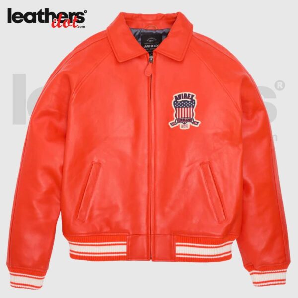 Men's Orange Avirex Icon Leather Bomber Jacket