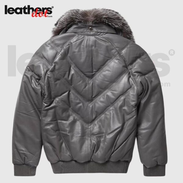 This jacket is made of fine lambskin leather, which provides a smooth and comfortable fit on the body. Men's V-Bomber Grey Leather Jacket with Silver Fox Fur. Fit has been tried and tested.