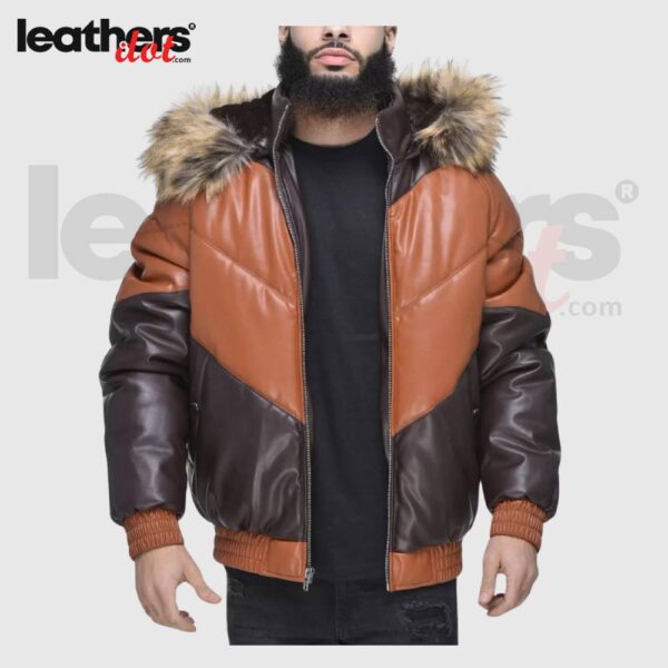 Men’s Faux Fur Detachable Hood V Bomber Leather Jacket