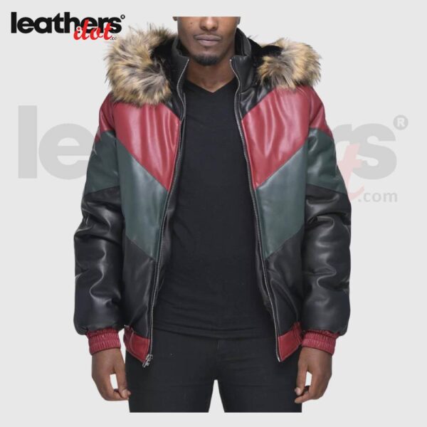 Men’s Faux Fur Detachable Hood V Bomber Leather Jacket