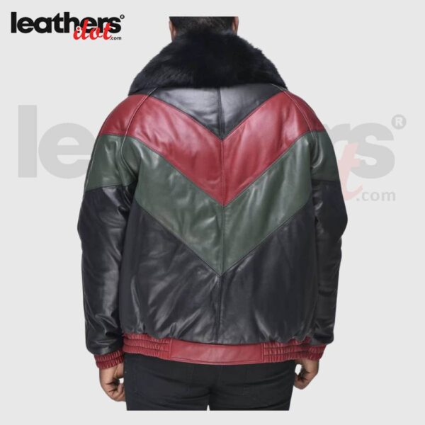 Men Leather V-Bomber Red & White with Black Fox Fur Jacket